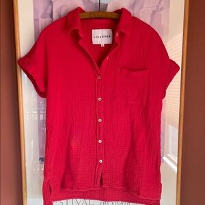 Lola River Cherry Red Button Down Textured Cotton Gauze Shirt, Size M